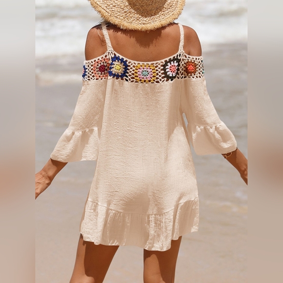 Crochet Cold Shoulder Three-Quarter Sleeve Cover Up - Picture 3 of 4